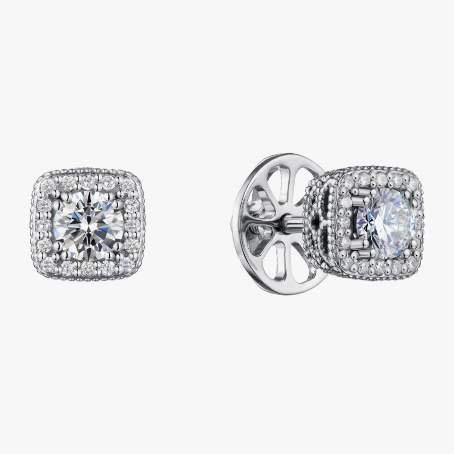 Пусеты из белого золота с центральным бриллиантом и паве-обрамлением - С2840.1