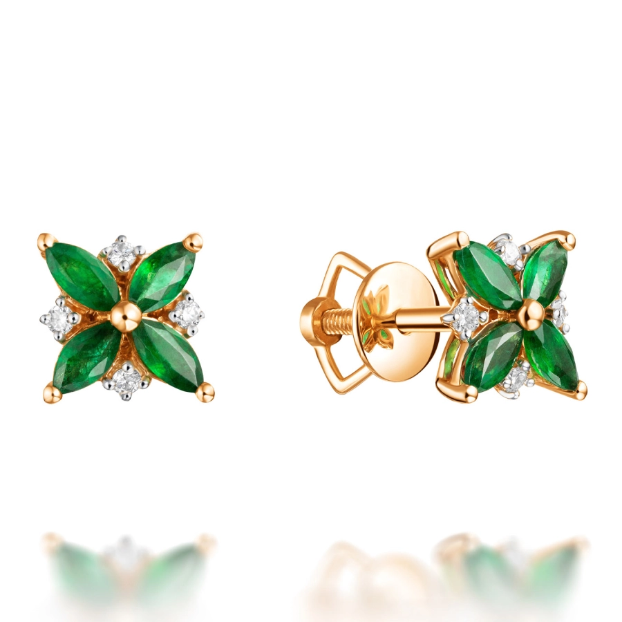 ЗОЛОТІ ПУСЕТИ ЗІ СМАРАГДАМИ І ДІАМАНТАМИ - С2845