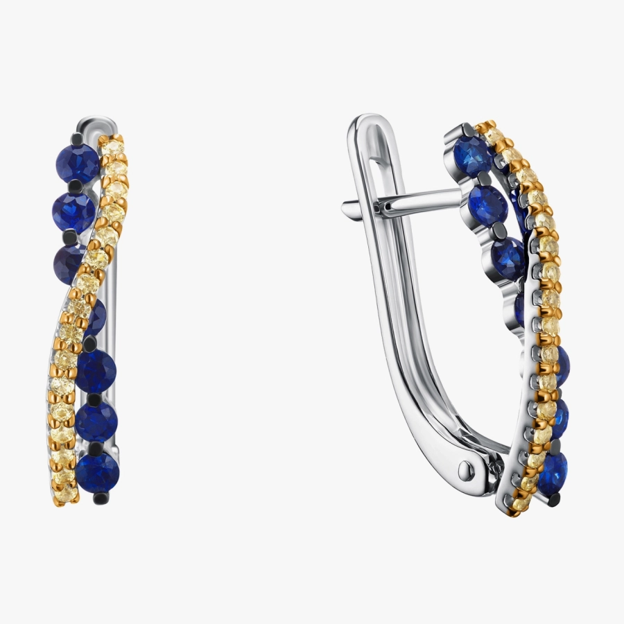 Blue and Yellow Sapphire Drop Earrings in White Gold - С2488сж