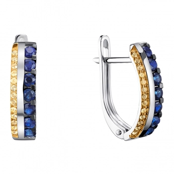 GOLD EARRINGS WITH BLUE AND YELLOW SAPPHIRES - С2852сж