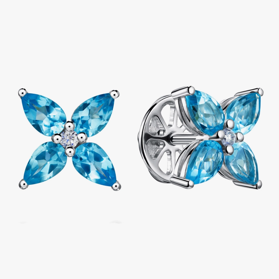 Серьги-пусеты с голубыми топазами в форме цветка - С2897
