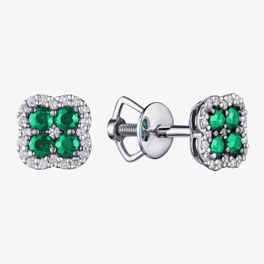 Золотые серьги с бриллиантами и изумрудами в цветочном стиле - С2899и