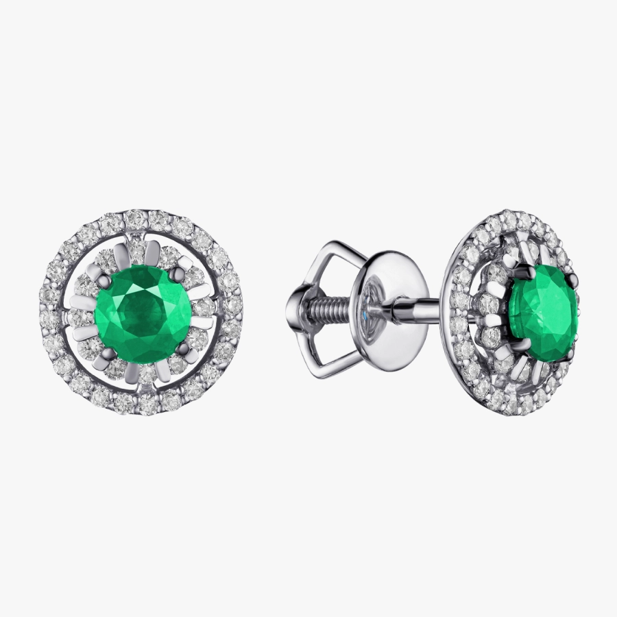 Круглі сережки-пусети з діамантами та смарагдами - С2900и