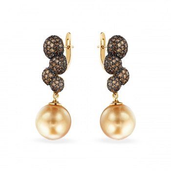 GOLD EARRINGS WITH GOLD PEARLS AND COGNAC DIAMONDS - С2948