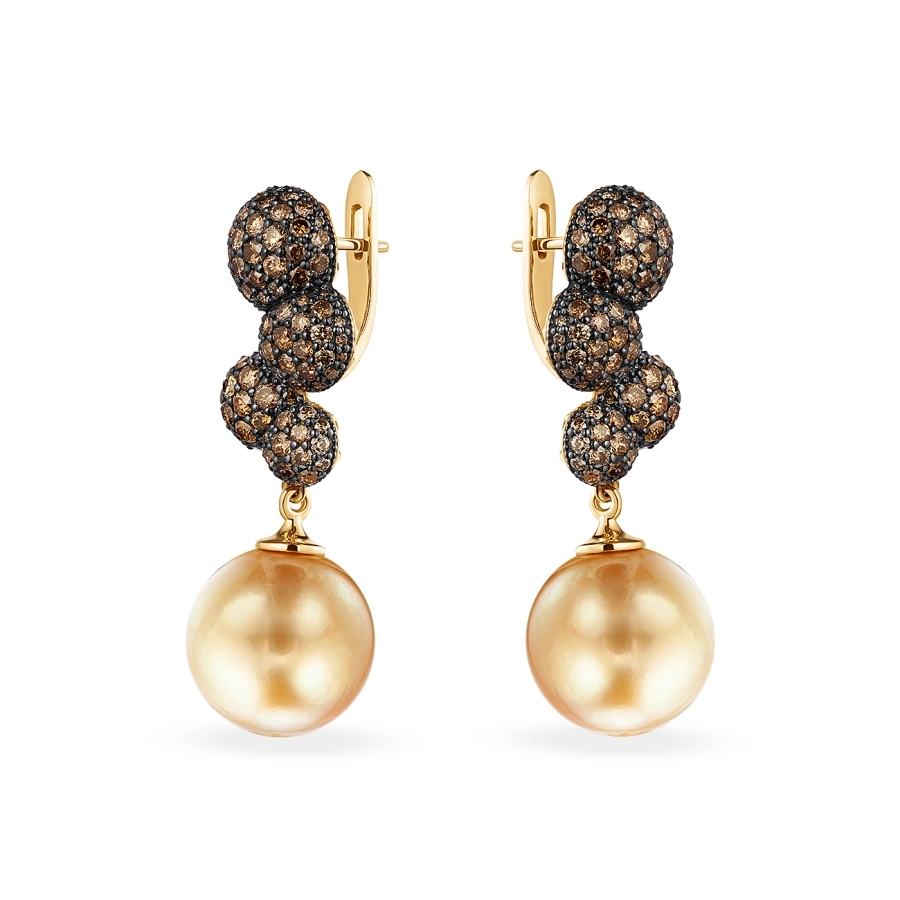 ЗОЛОТІ СЕРЕЖКИ З ЗОЛОТИМИ ПЕРЛИНАМИ ТА КОНЬЯЧНИМИ ДІАМАНТАМИ - С2948