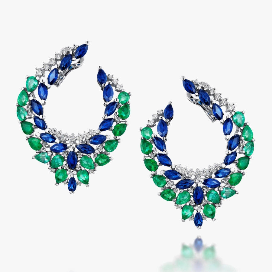 White Gold Earrings with Sapphires, Emeralds and Diamonds - С2956си