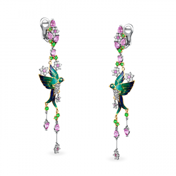 GOLD EARRINGS WITH TSAVORITE, SAPPHIRES AND DIAMONDS - С2970