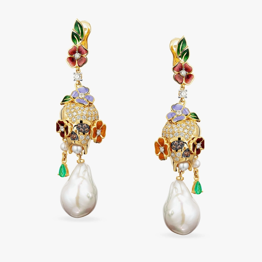 Long earrings with pearls, enamel and diamonds in yellow gold - C2971