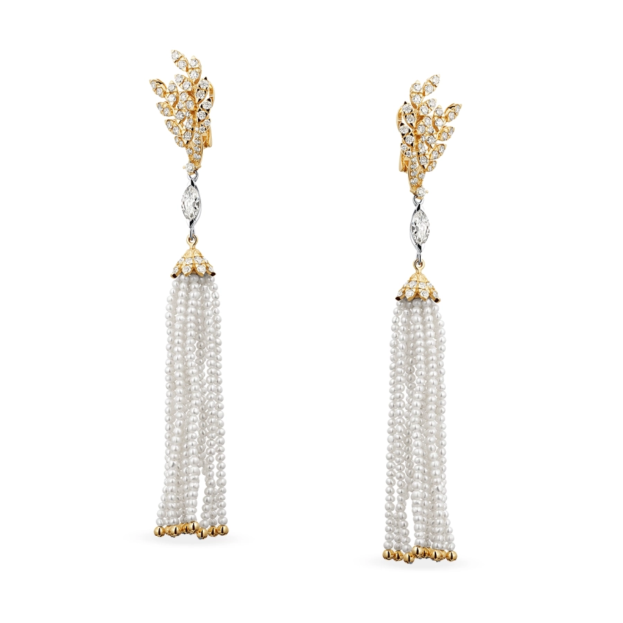 GOLD EARRINGS WITH PEARLS AND DIAMONDS - C2992