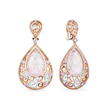 GOLD EARRINGS WITH AMETHYSTS, PINK QUARTZES AND DIAMONDS — С4000
