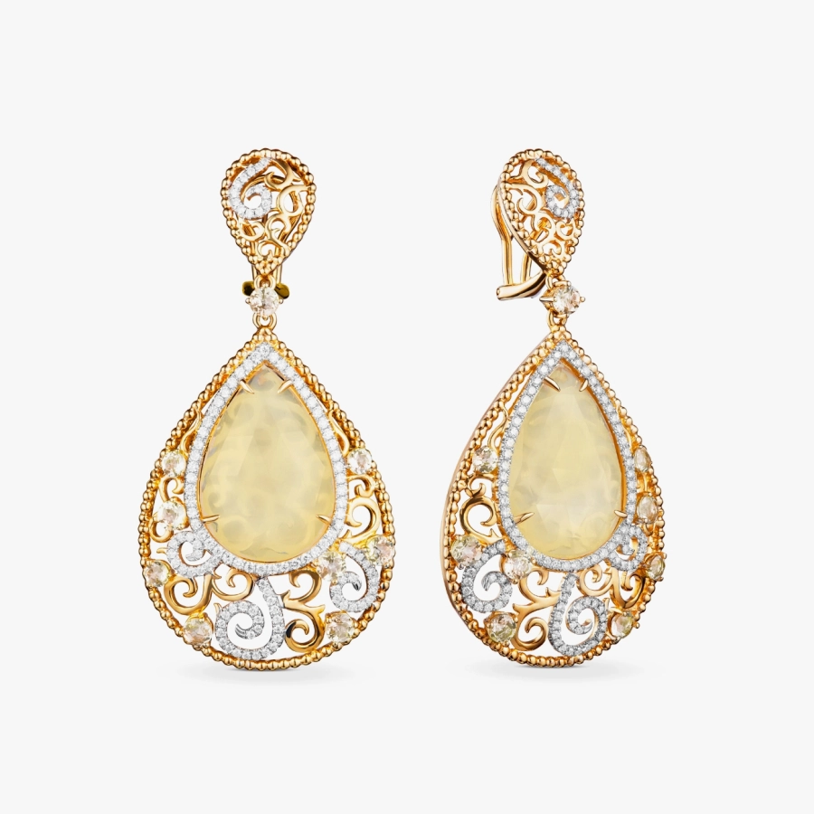 ЗОЛОТІ СЕРЕЖКИ З ЛИМОННИМИ КВАРЦАМИ, ЦИТРИНАМИ  І ДІАМАНТАМИ - С4000