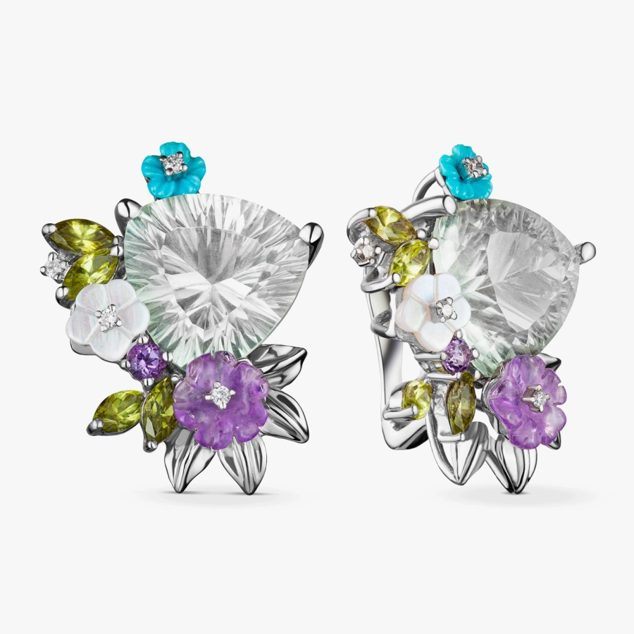 GOLD EARRINGS WITH AMETHYSTS, MOP, TURQUOISE, TOPASES, PERIDOTES AND DIAMONDS - C700