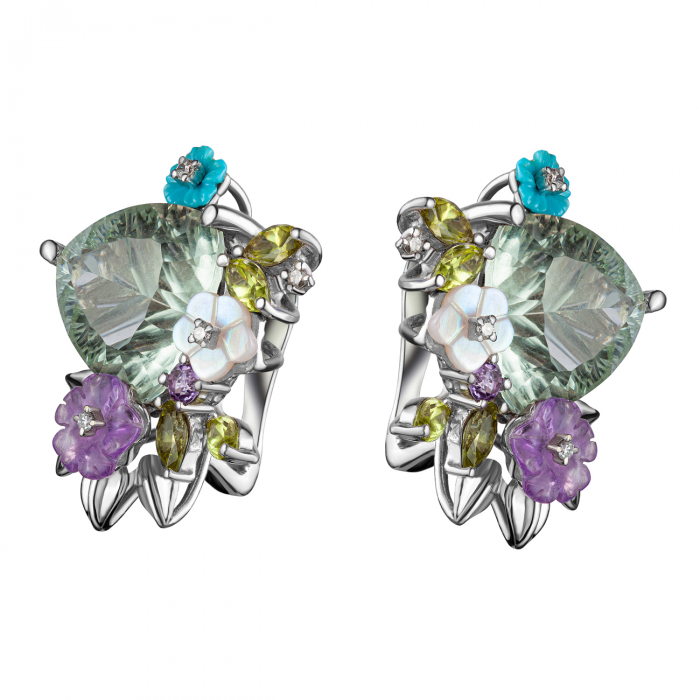 GOLD EARRINGS WITH AMETHYSTS, MOP, TURQUOISE, TOPASES, PERIDOTES AND DIAMONDS - C700