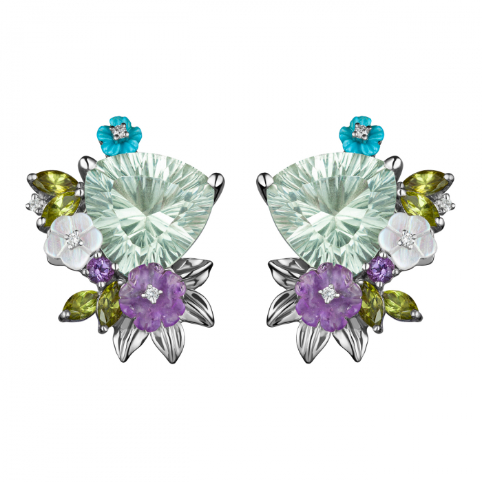 GOLD EARRINGS WITH AMETHYSTS, MOP, TURQUOISE, TOPASES, PERIDOTES AND DIAMONDS - C700