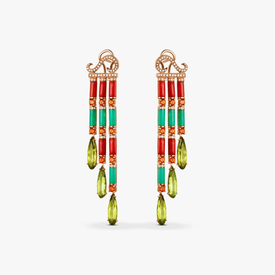GOLD EARRINGS WITH CHRYSOPRASES, PERIDOTS, SAPPHIRES, CORALS AND DIAMONDS - С7002