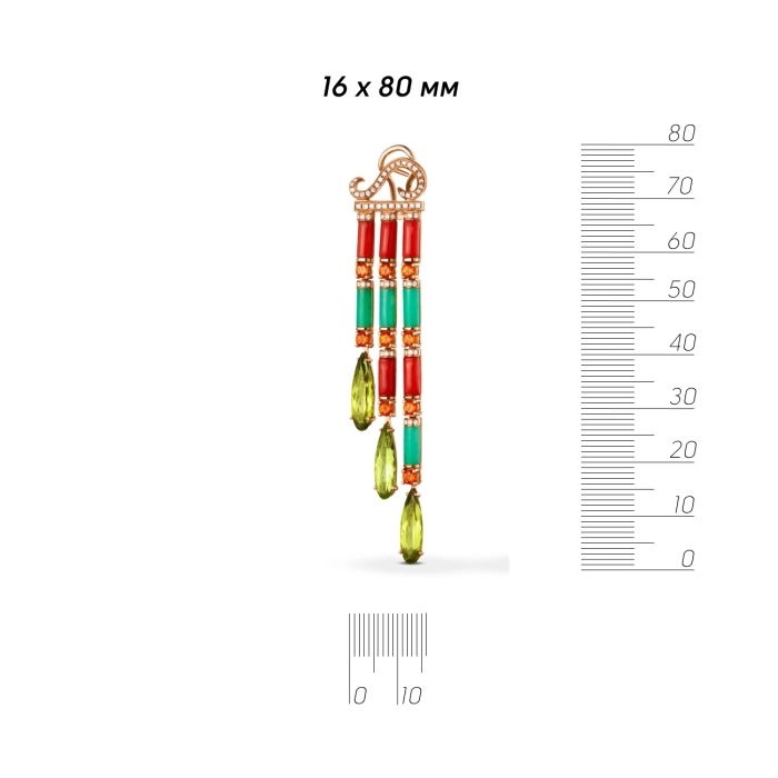 ЗОЛОТЫЕ СЕРЬГИ С ХРИЗОПРАЗАМИ, ПЕРИДОТАМИ, САПФИРАМИ, КОРАЛЛАМИ И БРИЛЛИАНТАМИ - С7002