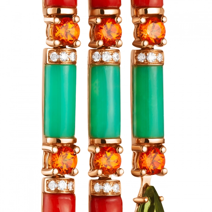 GOLD EARRINGS WITH CHRYSOPRASES, PERIDOTS, SAPPHIRES, CORALS AND DIAMONDS - С7002